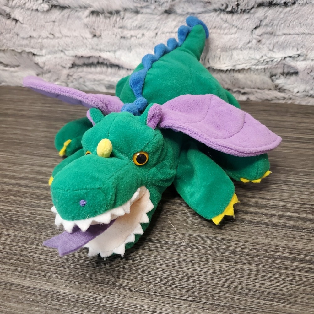 Green Dragon Hand Puppet Purple Wings Plush Creations Full Body Teachers Aid 11"